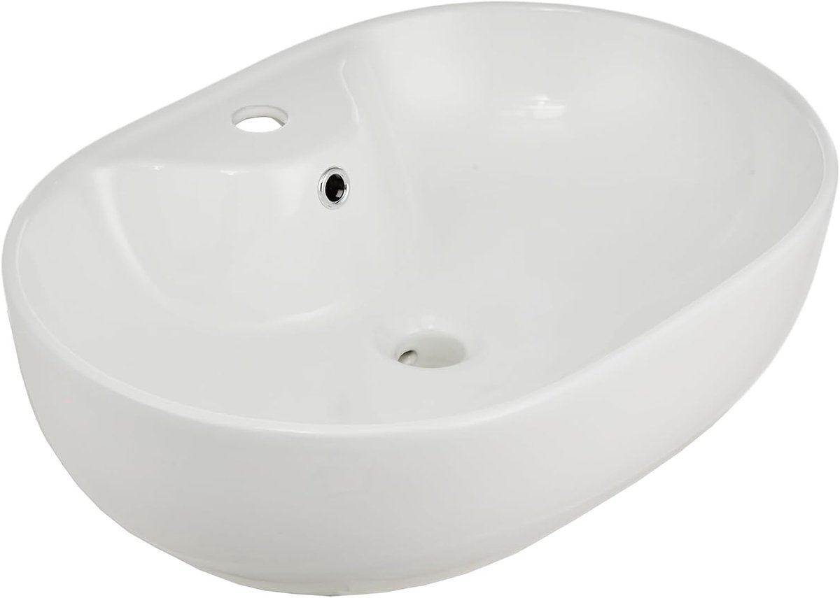 Ovale Opbouw Wastafel met Dunne Rand - 60.5 x 42.5 cm - Luxe Keramische Wasbak met Overloop - Glanzend Wit - Wastafel voor Badkamer & Toilet