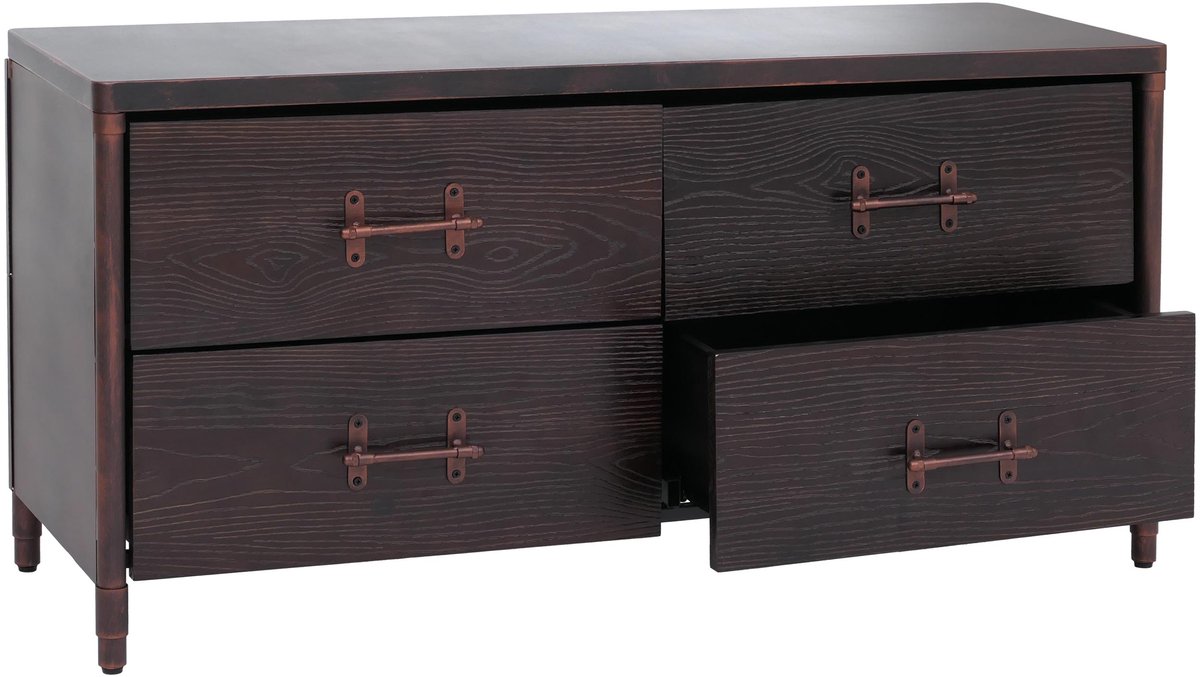 Commode MCW-Q66, dressoir, kast, ladekast in industriële stijl 60x120x40 cm ~ zwart hout, koperkleurig metaal