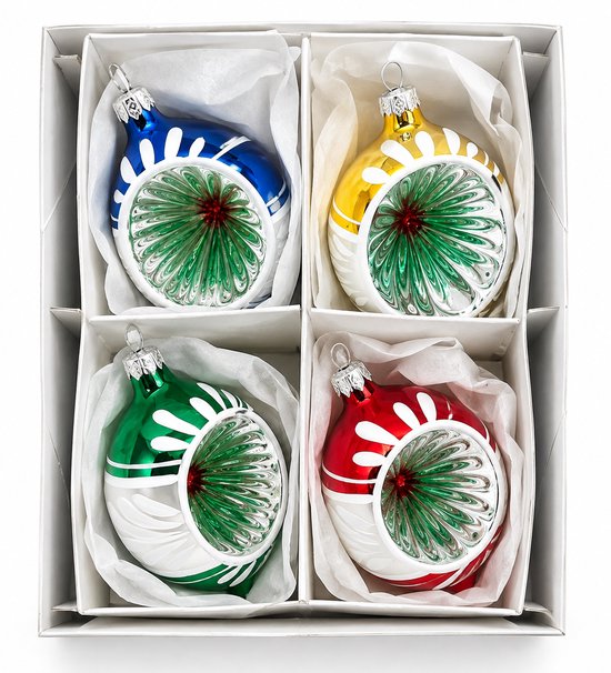 Set de 4 boules de Noël allongées bleues, jaunes, vertes et rouges avec des décorations blanches et un centre vert/rouge.