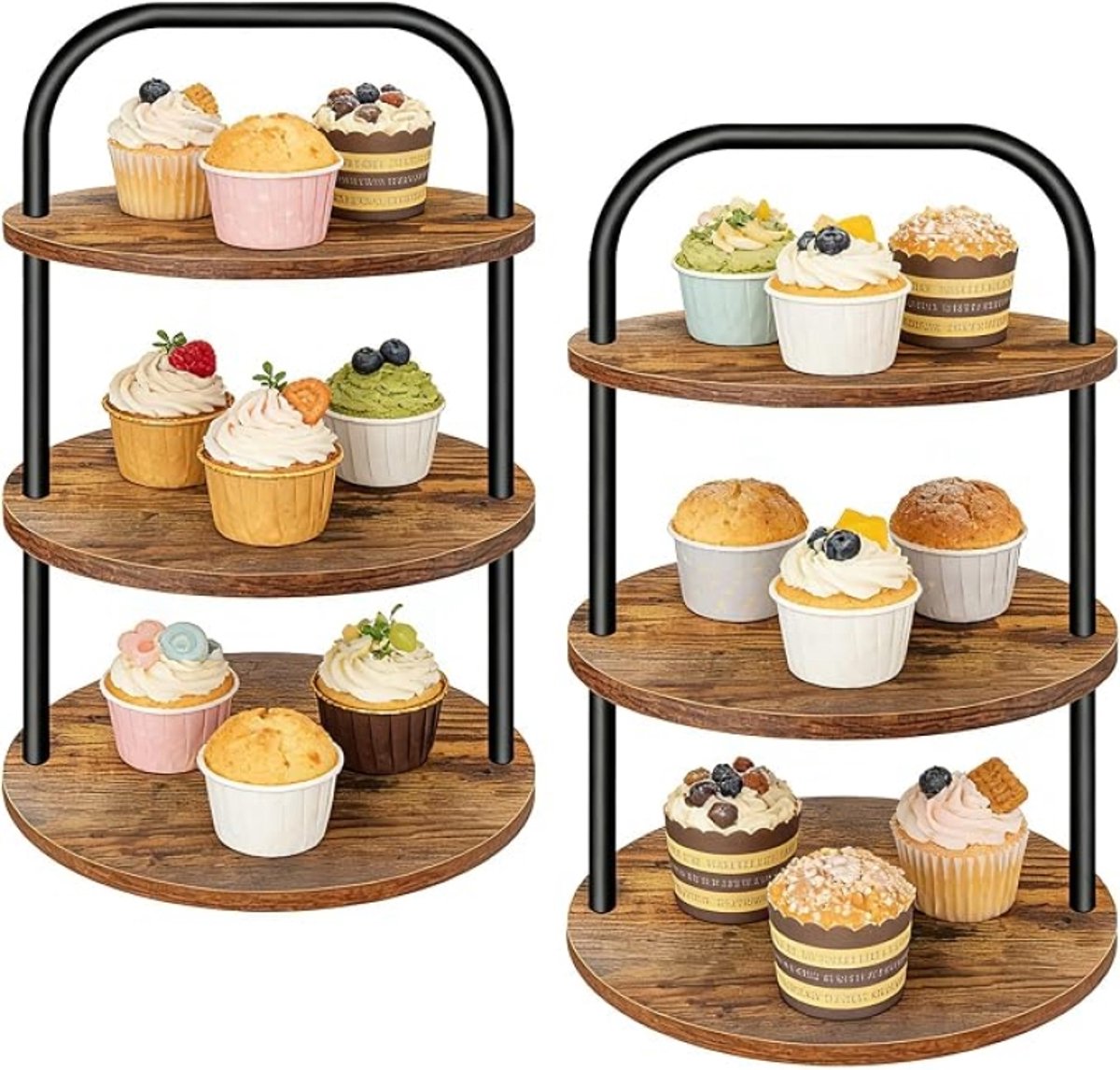 Houten Taartstandaard 3 Verdiepingen voor 100 Cupcakes, Rond met Metalen Handgreep, voor Middagthee Bruiloften en Feesten