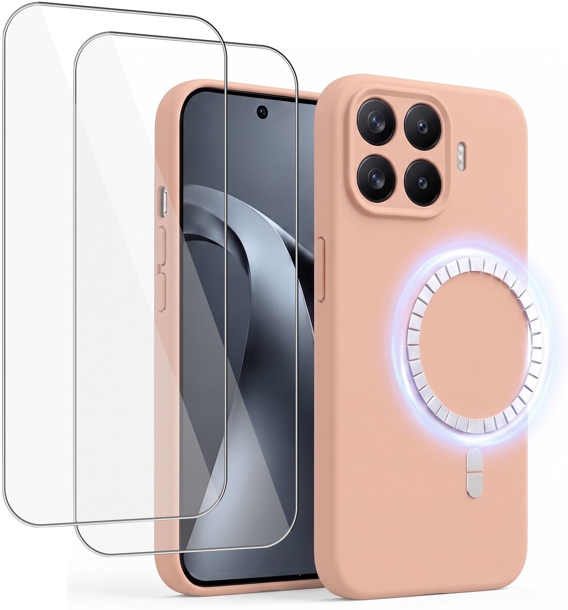 Hoesje + 2x Screenprotector geschikt voor Xiaomi 17 - Hoesje geschikt voor Magsafe - Draadloos opladen - Gehard Glas - Oud Roze