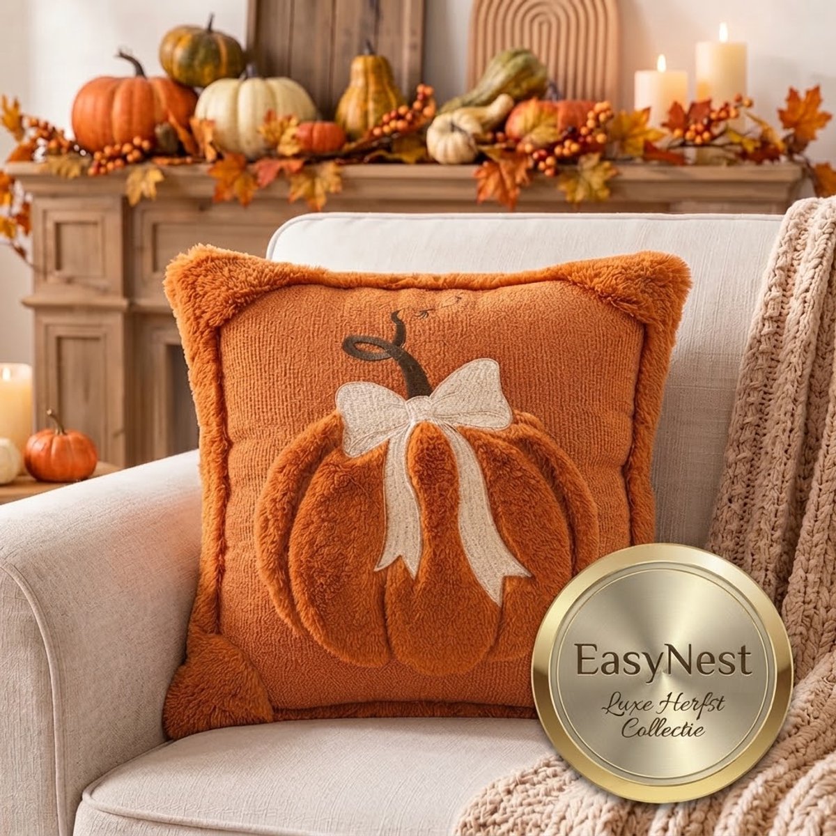 Halloween Pompoen Kussensloop – Herfst Kussensloop - Geborduurde Sierkussenhoes – Herfstdecoratie voor Bank, Woonkamer & Slaapkamer