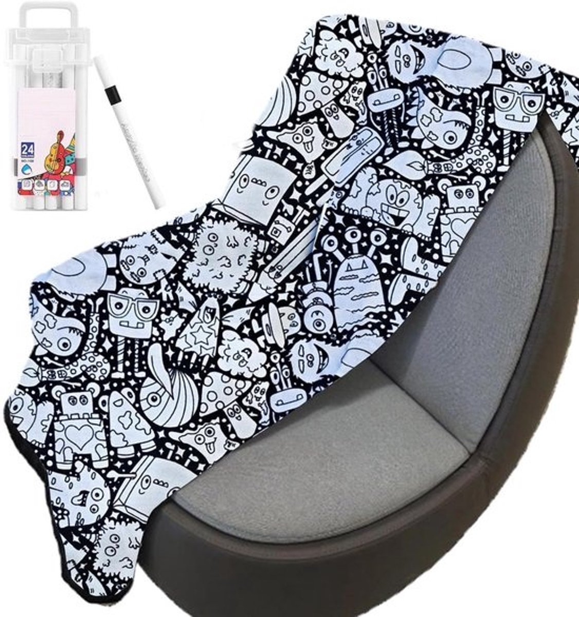 Kleurdeken - Pluche deken - Creatief bezig zijn - Veegvast ontwerp - 152x127 cm - Zwart wit