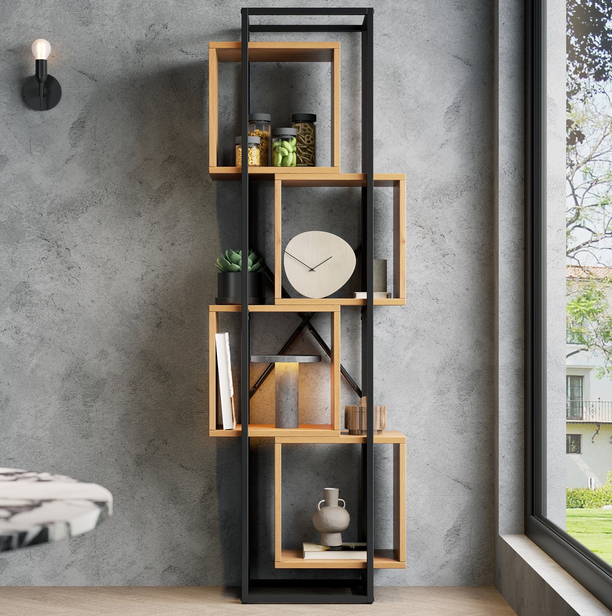 MODFU - Stellingkast - Industrieel - 4 Vakken - Zwart Bruin - 59 X 30 X 180 Cm