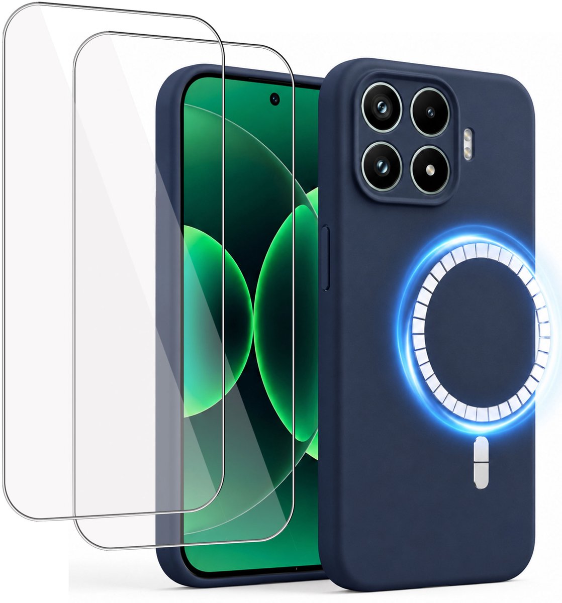 Hoesje + 2x Screenprotector geschikt voor Xiaomi 17T - Hoesje geschikt voor Magsafe - Draadloos opladen - Gehard Glas - Marine blauw