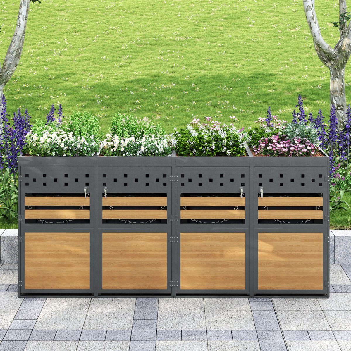 Wishdor Containerberging 4-vaks - Afsluitbaar en koppelbaar - Met ventilatie en kettingen - Moderne houtlook - Tuin oprit erf - Metaal - Antraciet houtkleur - 264 x 80 x 125 cm