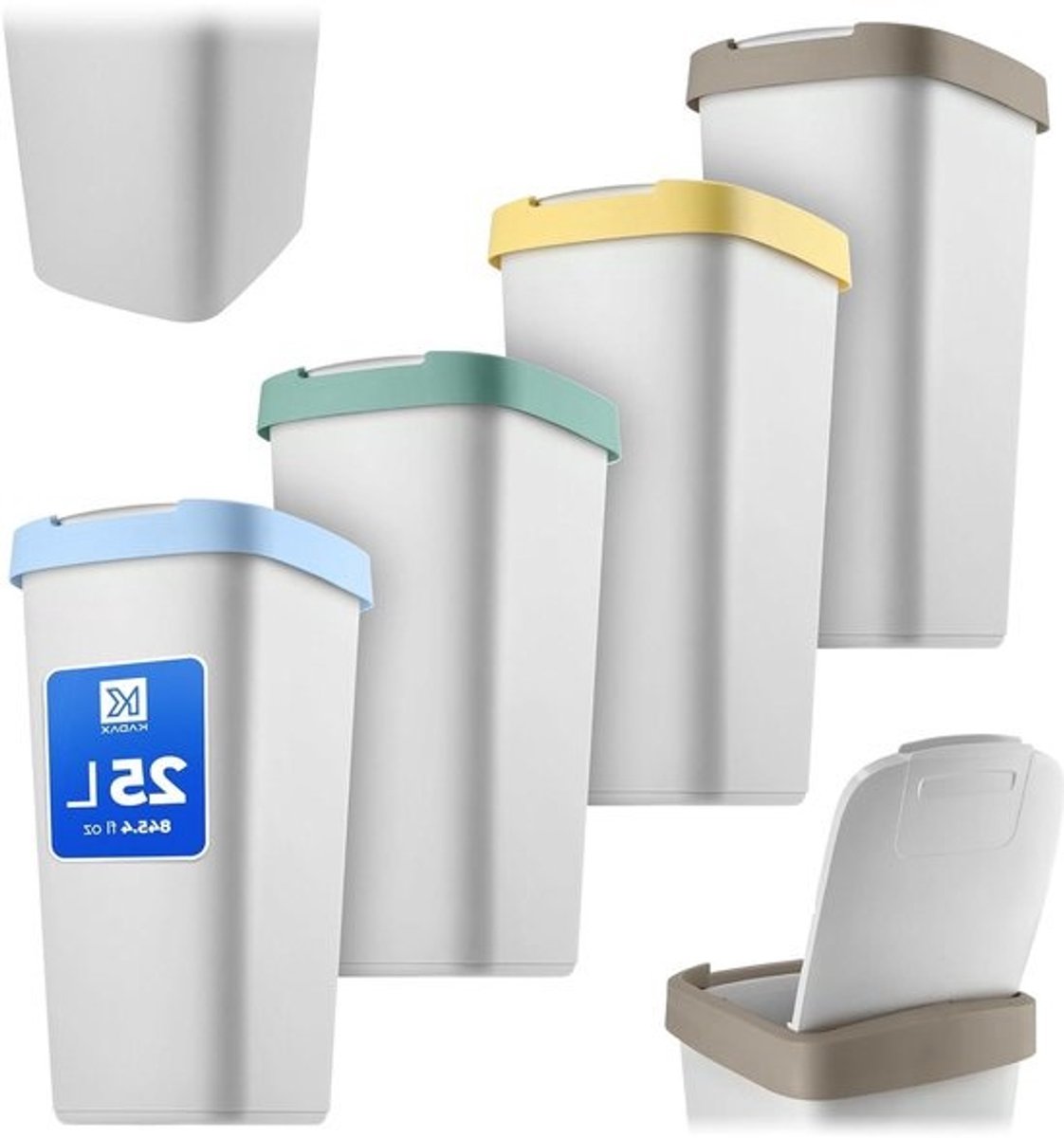 Afvalemmer Set - Vuilnisbakken Prullenbakken - Afval Scheiden - Klapdeksel - 25 Liter - Multicolor