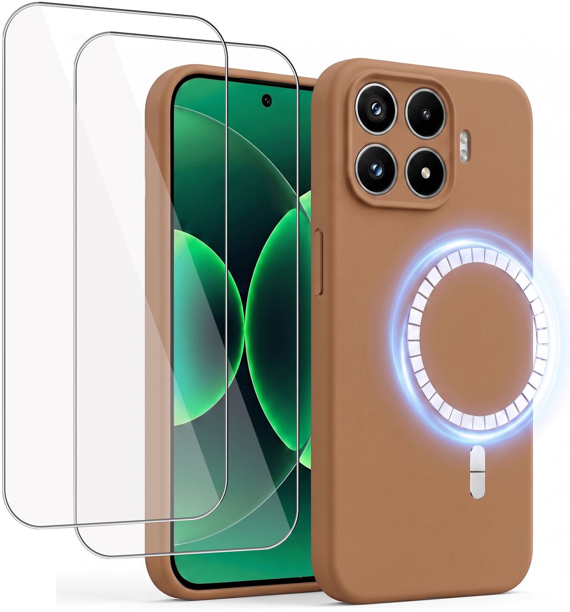 Hoesje + 2x Screenprotector geschikt voor Xiaomi 17T - Hoesje geschikt voor Magsafe - Draadloos opladen - Gehard Glas - Bruin