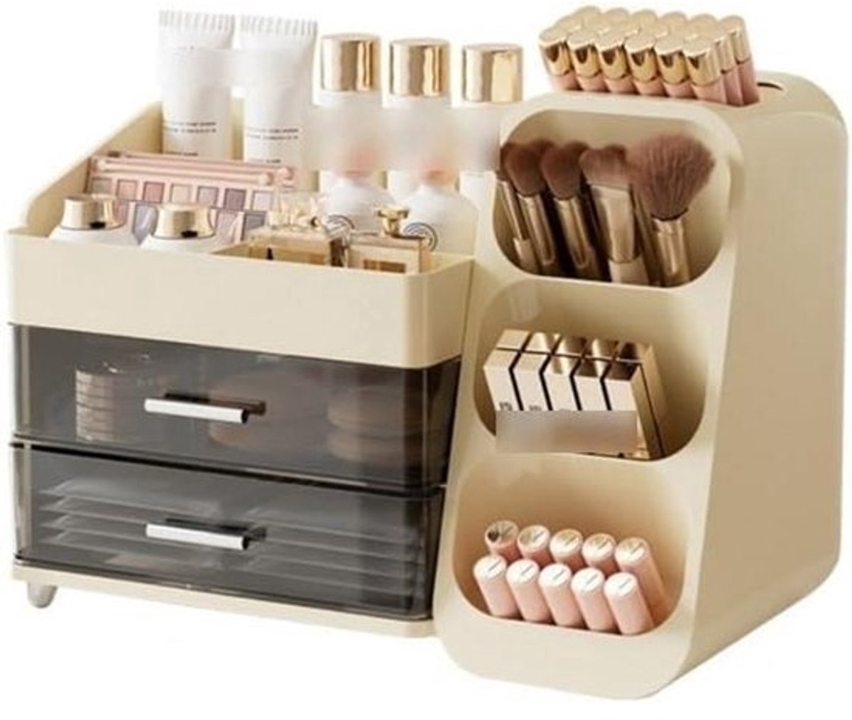 Cosmetica Opbergdoos - Make-up Organizer - Schoonheidsbenodigdheden Organiseren - Multifunctioneel Scheidingswandontwerp - 35x25x19cm - Beige