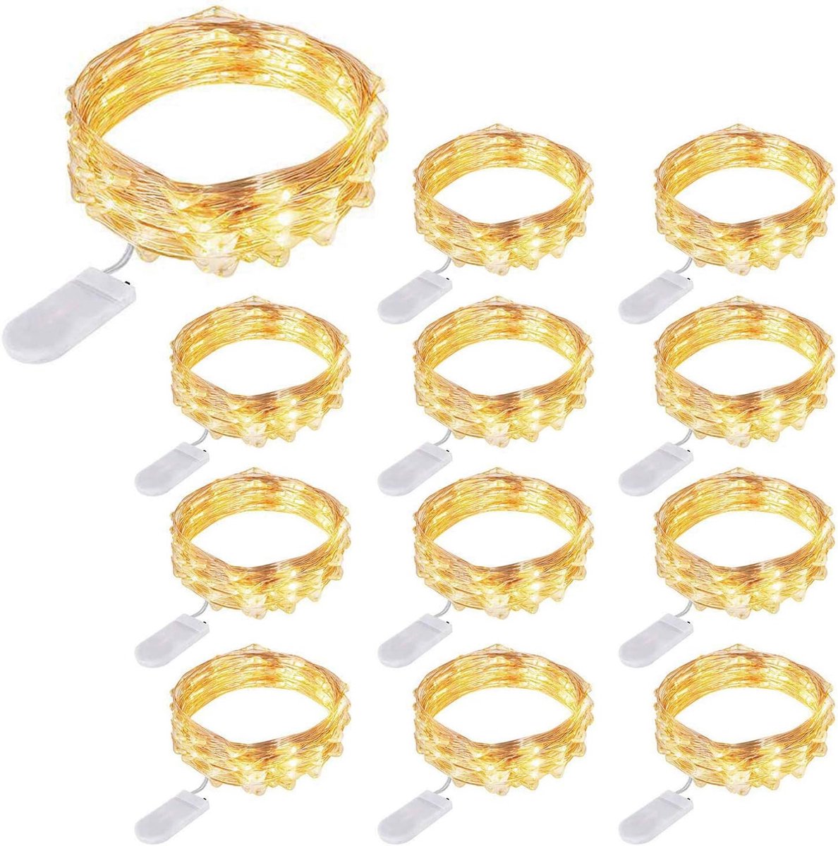 Lichtsnoer Set 12 Stuks 2m - 20 LED - Op Batterijen - Koperdraad - Warmwit
