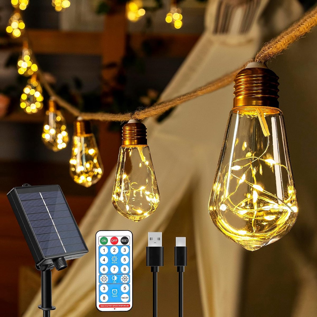 Lichtsnoer 8m - 16 LED - Op Zonne-energie - IP45 Waterdicht - Afstandsbediening - Voor Buiten
