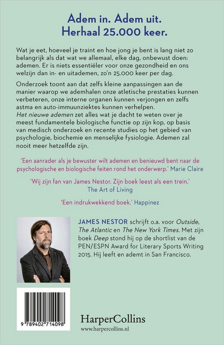 Achterkant van het boek 'Het Nieuwe Ademen' van James Nestor met tekst en een foto van de auteur.