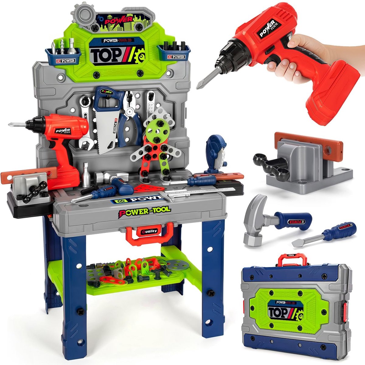 Kindergereedschapstafelset (inclusief elektrische boormachine en speelgoedgereedschap) - Geschikt voor kinderen van 3-5 jaar - Bouwbankspeelgoed - Reparatietafelset - Educatieve bouwset - Jongensspeelgoed
