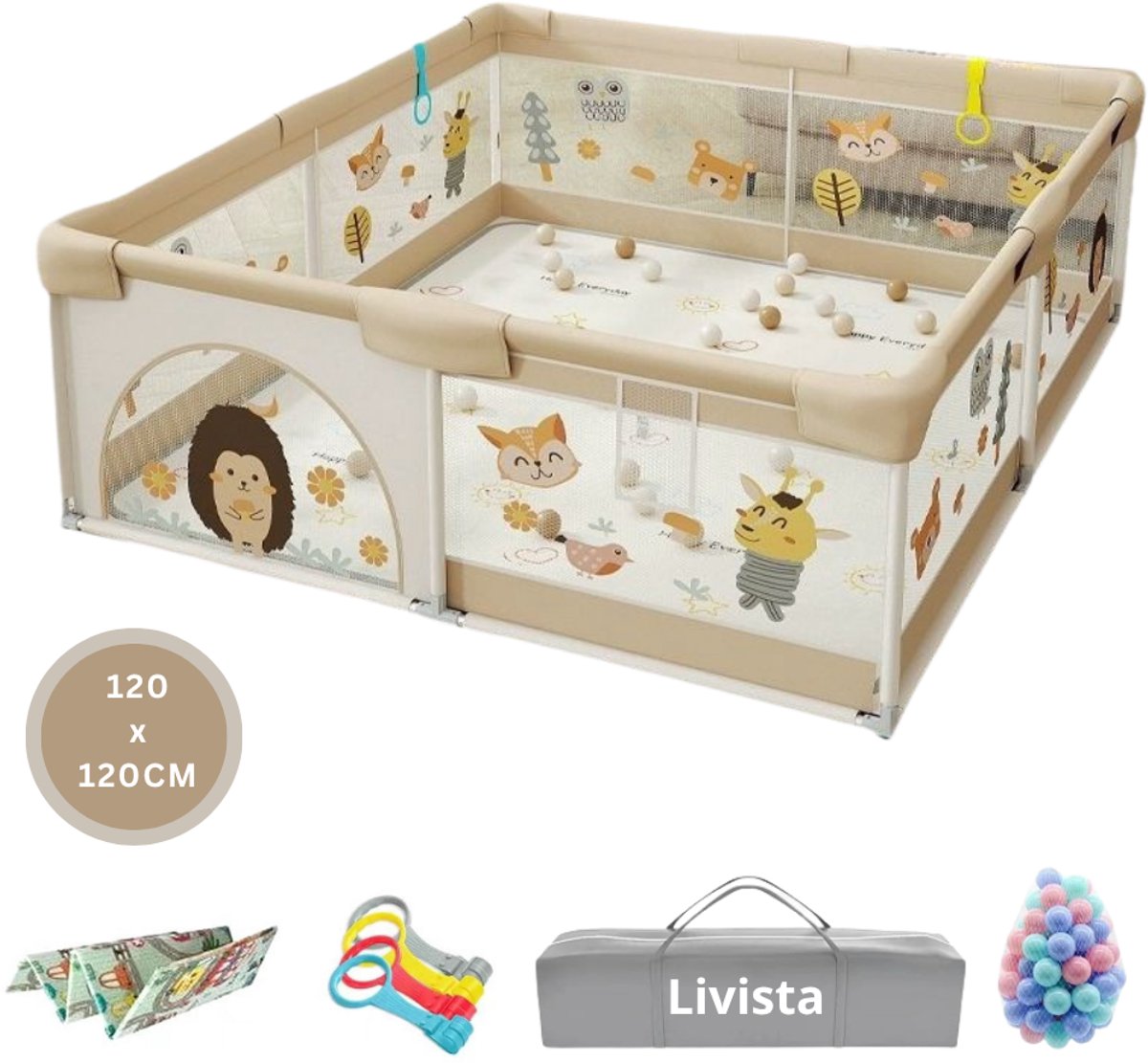 Livista Grondbox Baby - Binnenmaat 120x120cm - Inclusief Kruipmat - Met 60 Speelballen, 4 Trekringen - Kinderbox - Speelbox - Playpen - Met Draagtas - Beige