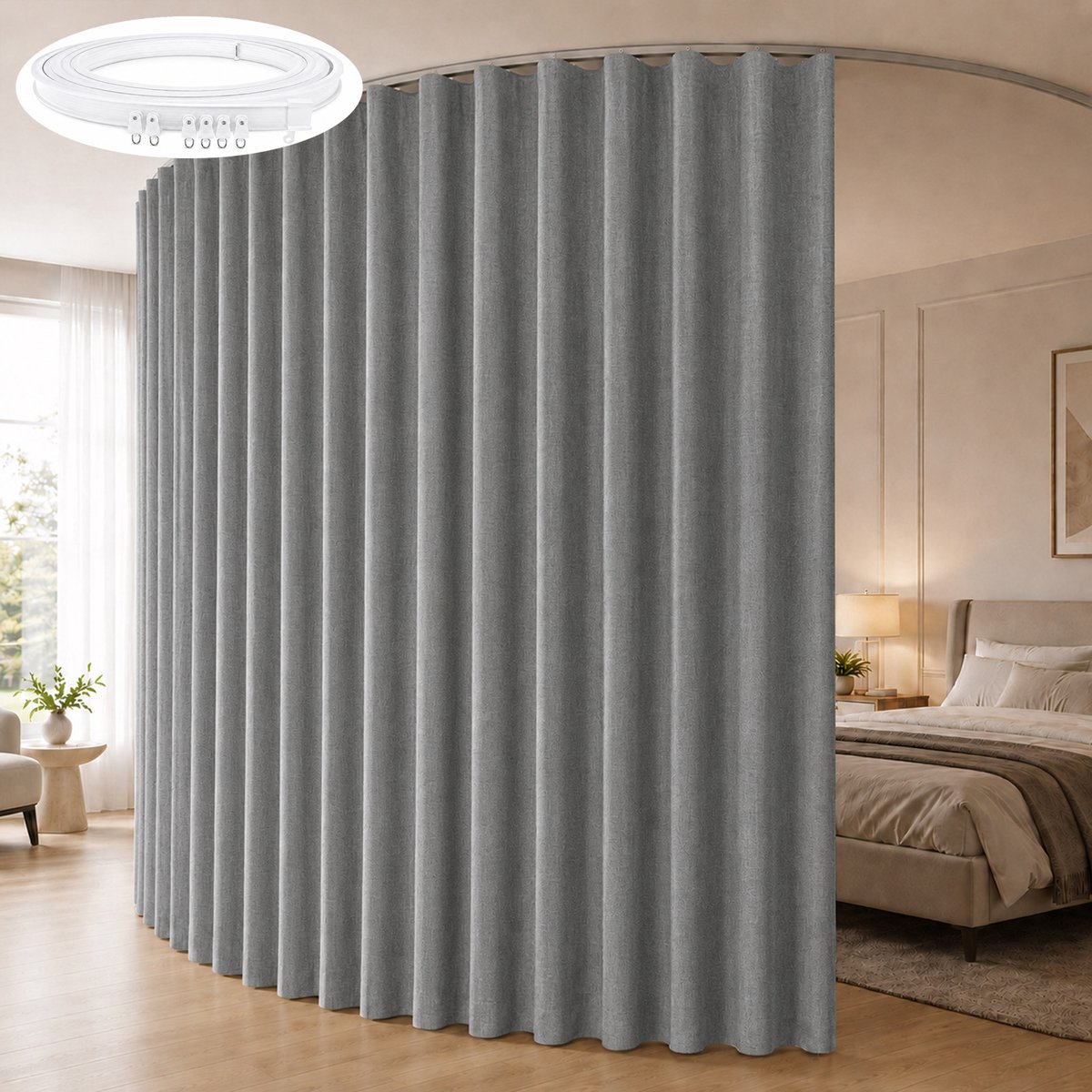 Qelus Kamerverdeler Gordijn Linnenlook met Flexibele Plafondrail - 100% Verduisterend Scheidingsgordijn - Ruimteverdeler - Thermisch Isolerend en Geluidsdempend - Voor Slaapkamer, Woonkamer, Kantoor en Studio - Grijs - 254 x 274 cm - 1 Stuk Grijs, 1 Stuk