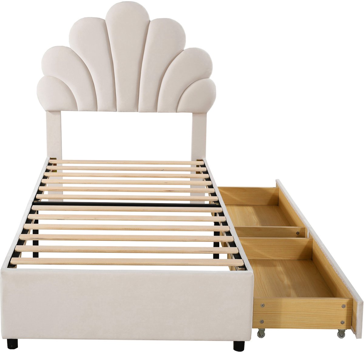 MUVANO Gestoffeerd Kinderbed 90x200 - Bedframe Met Bloemvormig Hoofdbord - Meisjesbed Van Beige Fluweel - 90x200 cm - 2 Opberglades - Slaapkamer Beige