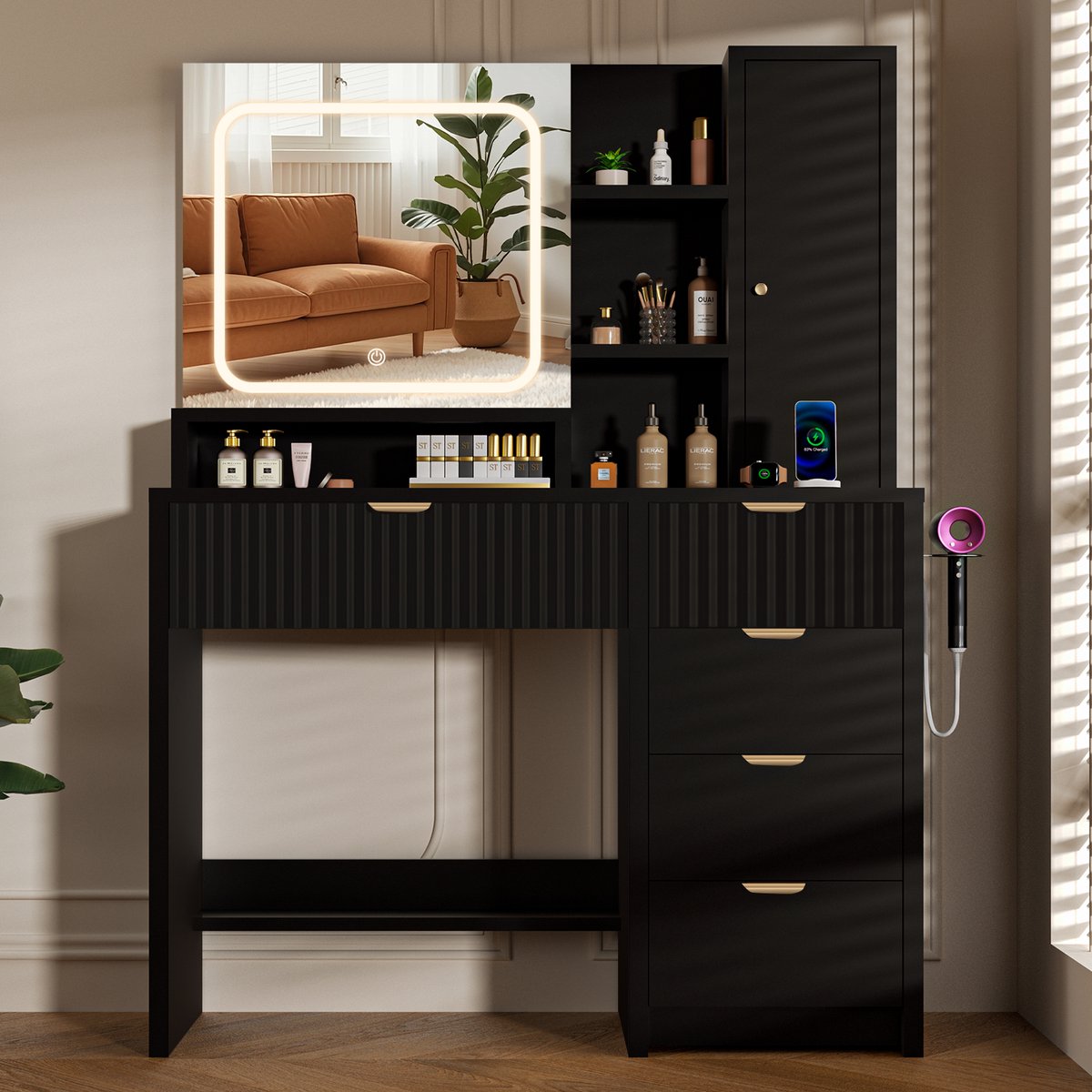 Lexzurn kaptafel met spiegel - 3 standen LED verlichting - 6 open vakken + 5 laden - föhnhook, stopcontacten & USB - 139x90x40 cm - zwart - voor slaapkamer en kleedkamer
