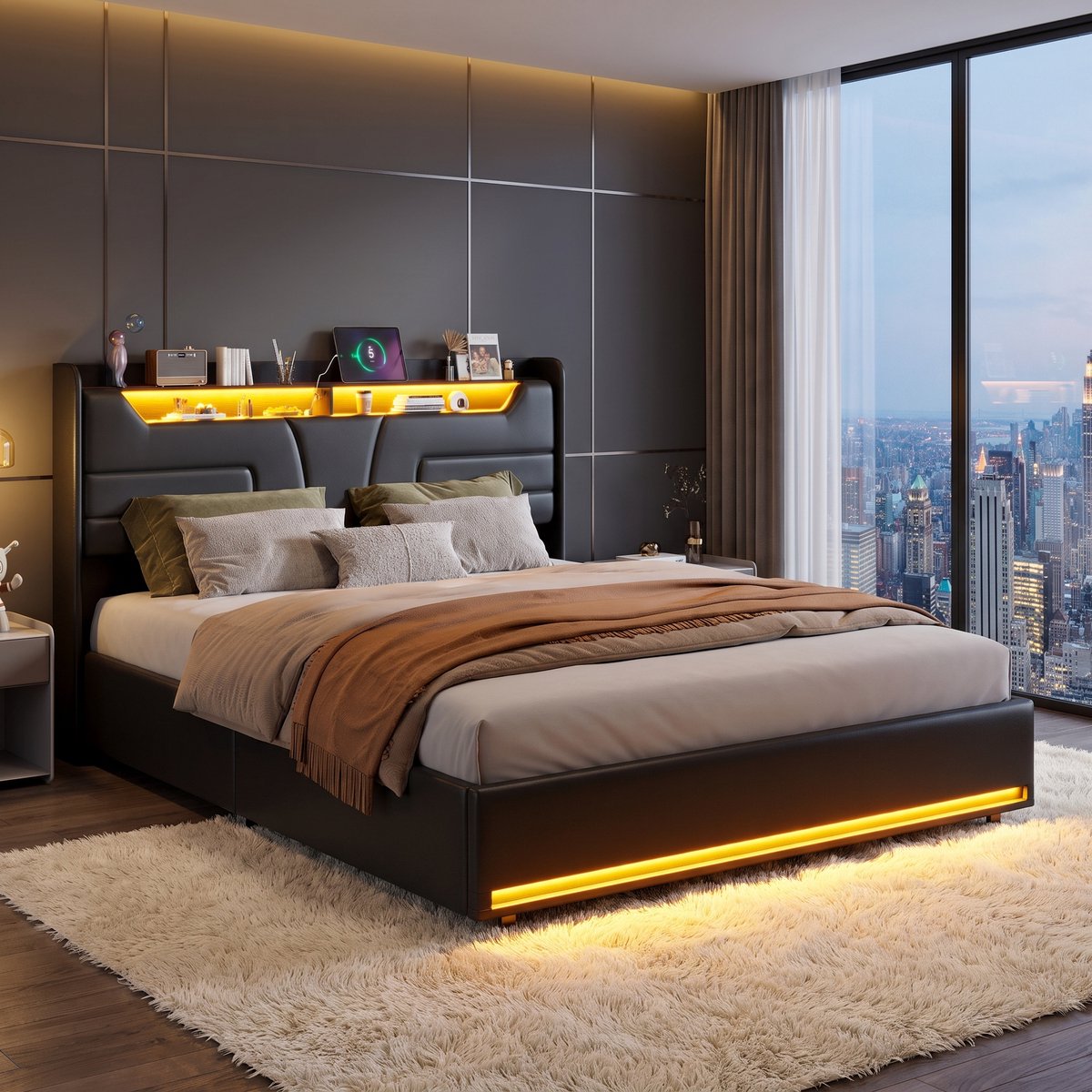 MEXUS Tweepersoonsbed 140x200 cm, Volwassenenbed Ledverlichting, Opbergruimte Lattenbodem, Stekkerdoos (2 Stopcontacten, 2 USB-Poorten), PU-Materiaal, Zwart, Modern, Matras Niet Inbegrepen (Zwart, 140x200 cm)