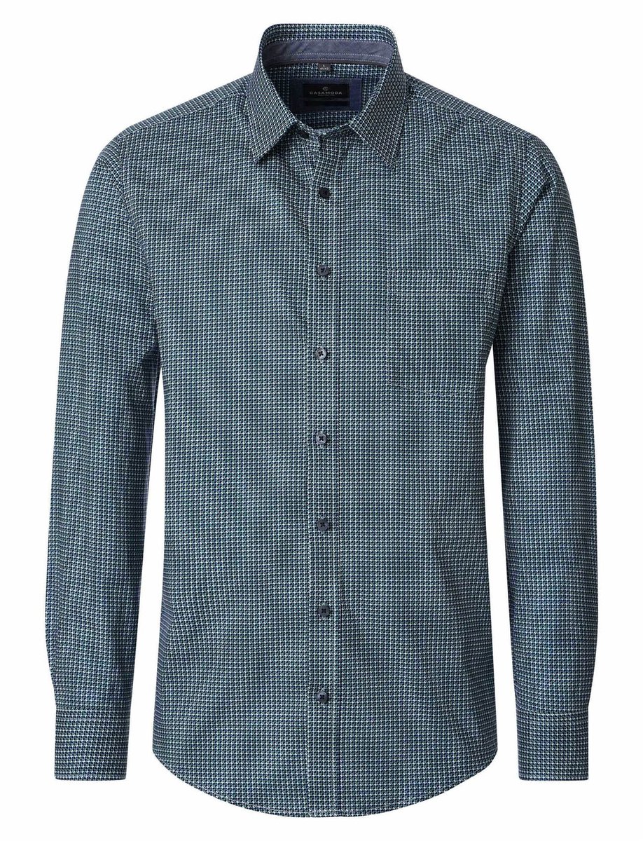 CASA MODA Sport casual fit overhemd - popeline - blauw met groen en wit dessin