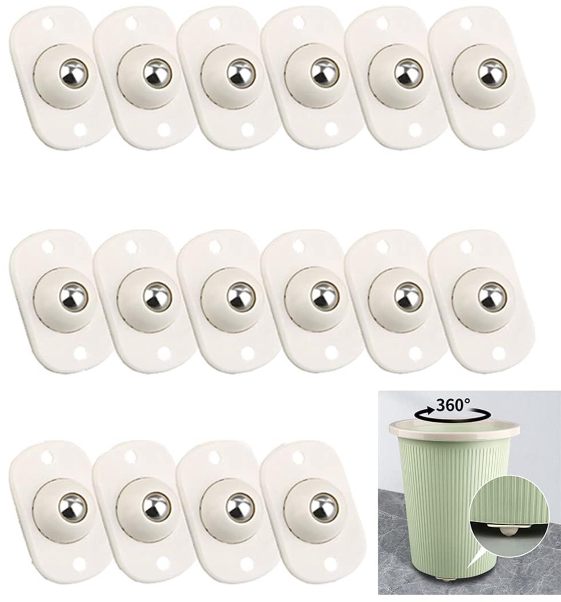 16 Stuks - Miniwieltjes - Zelfklevende zwenkwielen - 360 graden draaibaar - Universeel wiel - Zwenkwielen - Voor opbergdozen, meubels, prullenbakken - Roestvrij staal, Kunststof - Omnidirectionele kogellagerpoelie