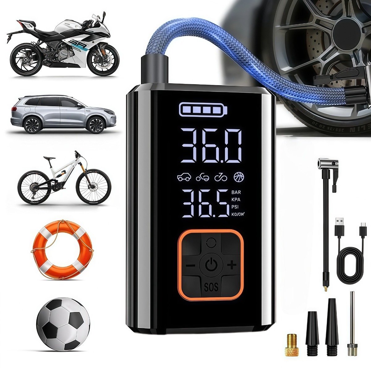 Draadloze bandenpomp 80w — draagbare luchtcompressor 150psi met LED-licht en oplaadbare 3x2000mah accu