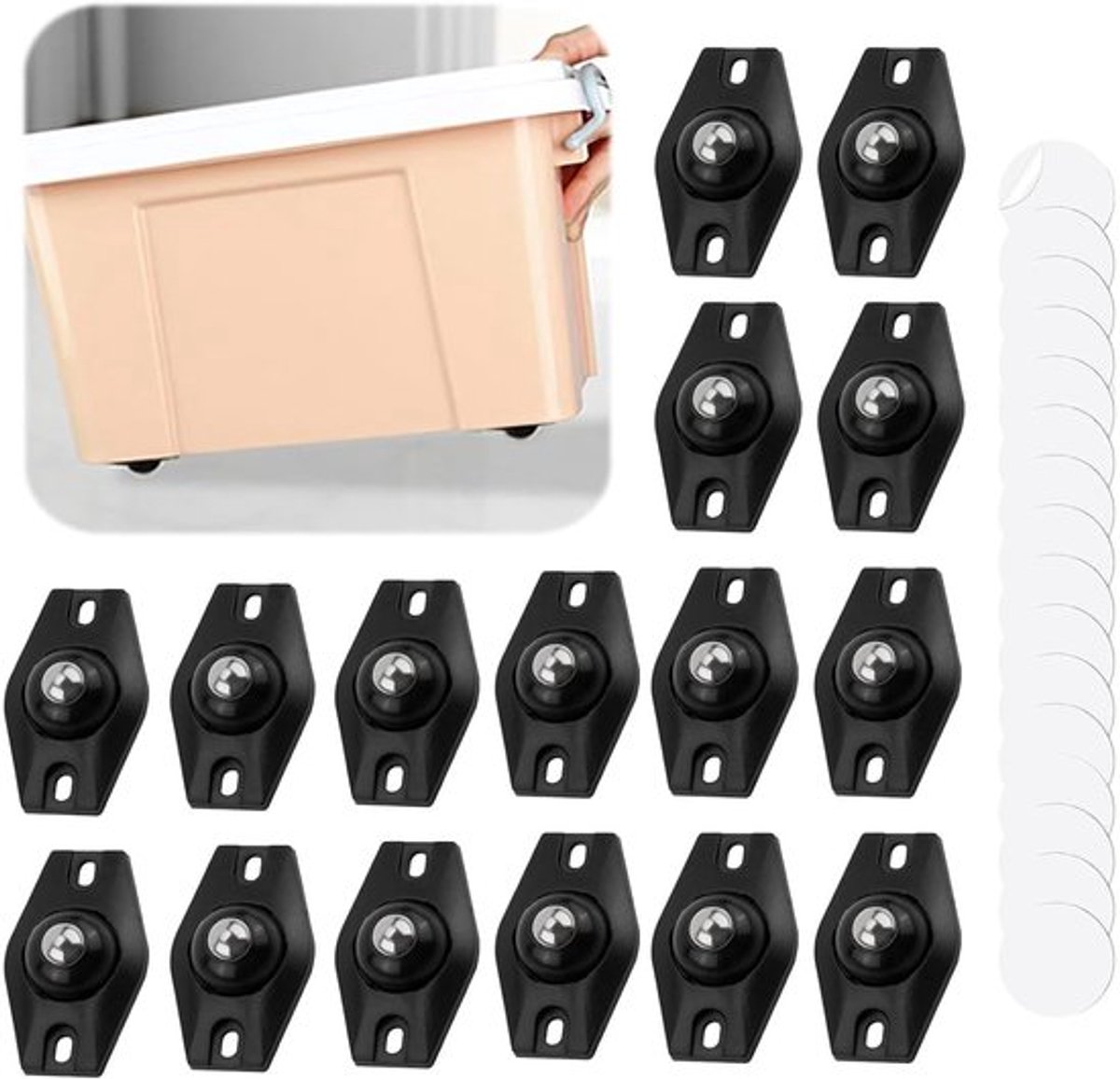 16 Stuks - Miniwieltjes - Zelfklevende zwenkwielen - 360 graden draaibaar - Universeel wiel - Zwenkwielen - Voor opbergdozen, meubels, prullenbakken - Roestvrij staal, Kunststof - Omnidirectionele kogellagerpoelie