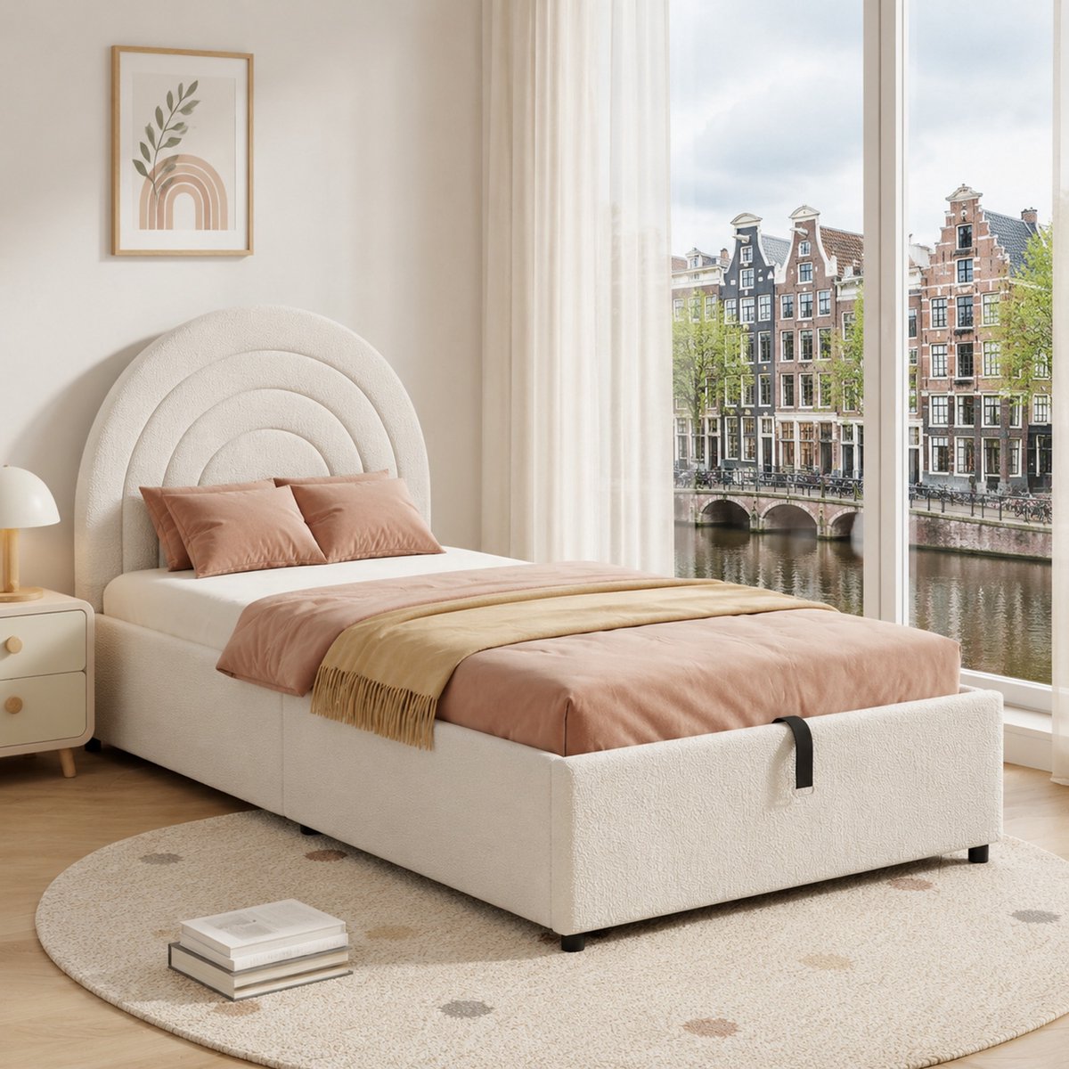 WUVRIE Opbergbed 90x200 cm met lattenbodem, hoofdbord en bouclé bekleding in beige