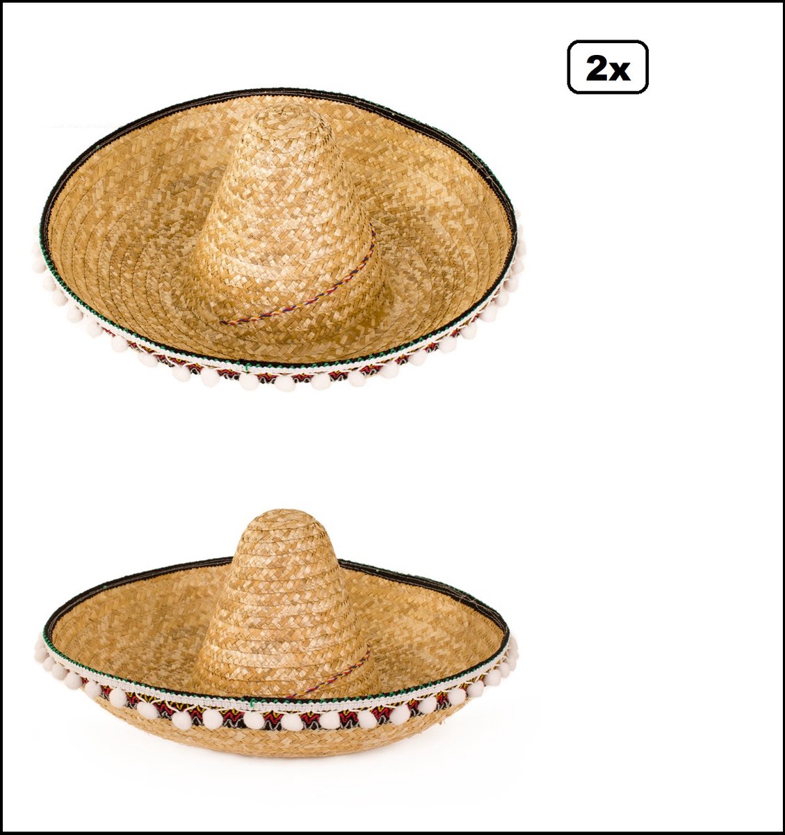 2x Luxe Sombrero 55 cm met balletjes - Mexico festival zon zee strand fun feest beach mexicaans