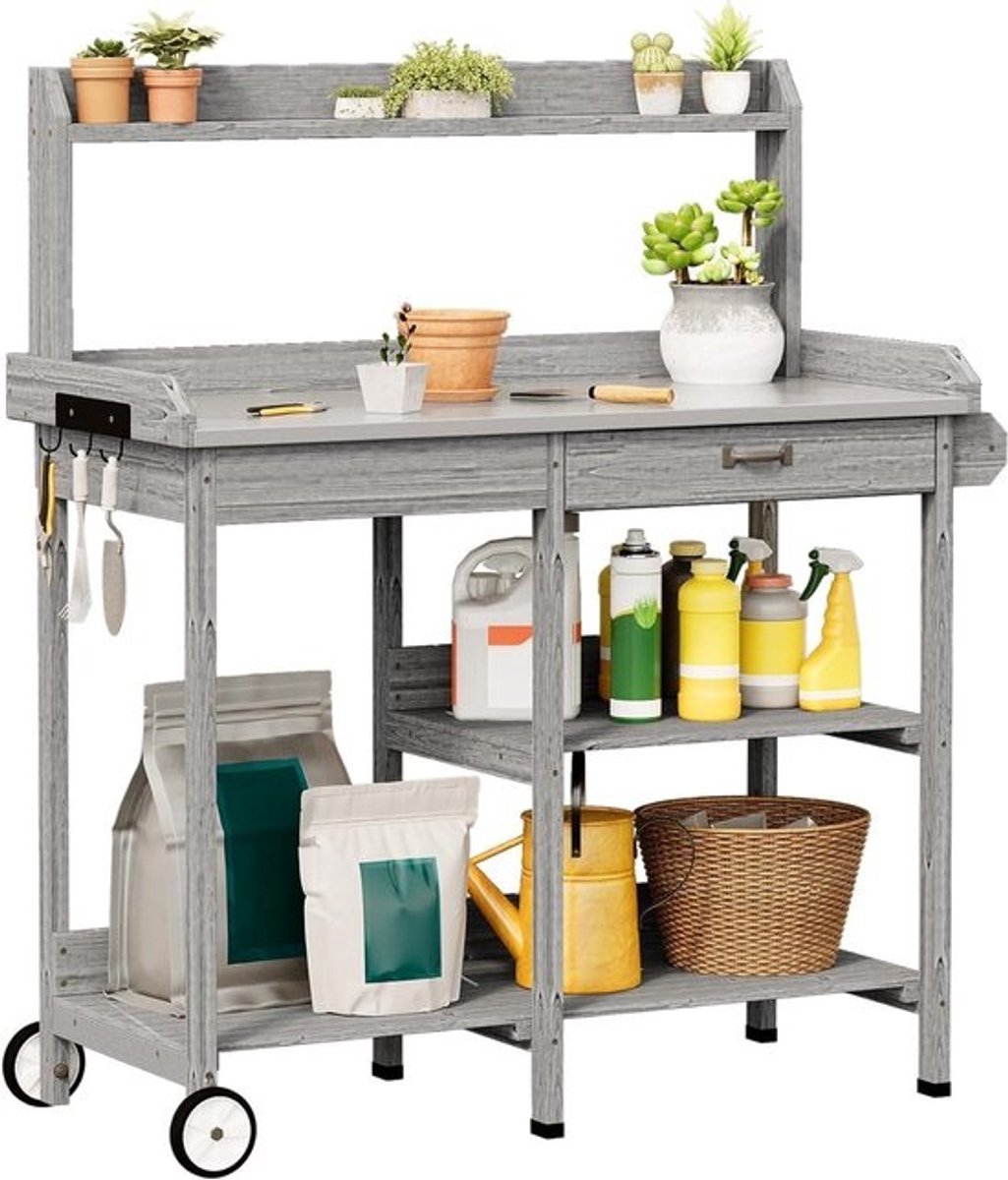 Tuintafel met wielen - Plantentafel buiten - Planten verzorgen - Verzinkt tafelblad - 112 x 47 x 85 cm - Grijs