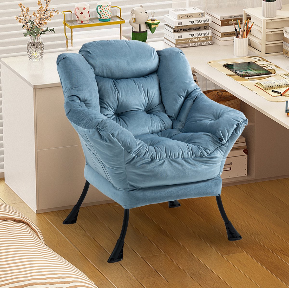 MODFU Fauteuil - Metalen Frame - Lichtblauw - Fluweel - Armleuningen - Zijvak