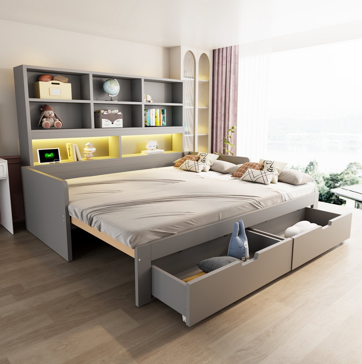 REDOM Slaapbank - Opbergruimte - LED verlichting - Stekkerdoos - Moderne stijl - Slaapkamer - MDF - Grijs - 90/180 x 200 cm