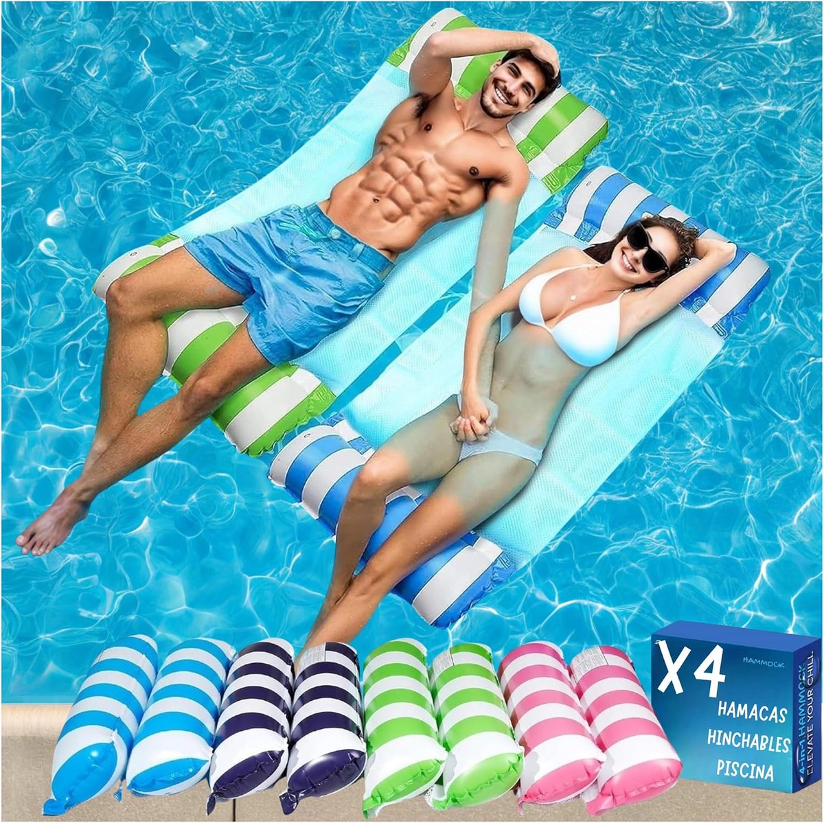 Opblaasbare zwembadhangmat 2 stuks, 4-in-1 drijvende loungemat voor volwassenen, 115 x 68 cm, tot 100 kg