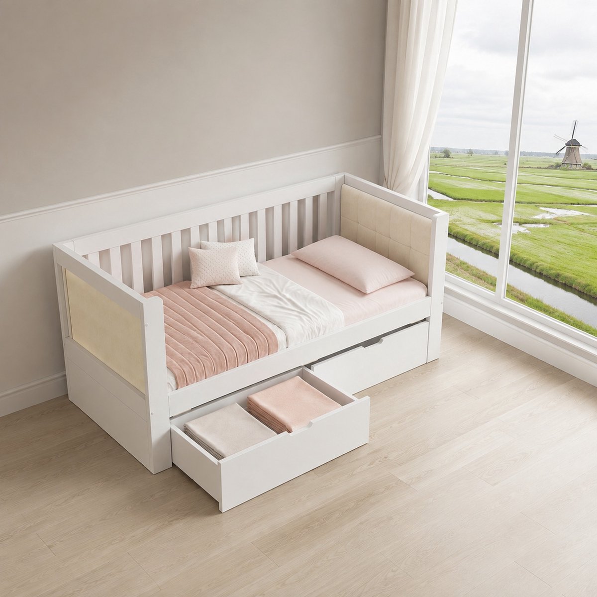 WUVRIE Slaapbank 90x190 cm met 2 lades, lattenbodem en rugleuning, wit