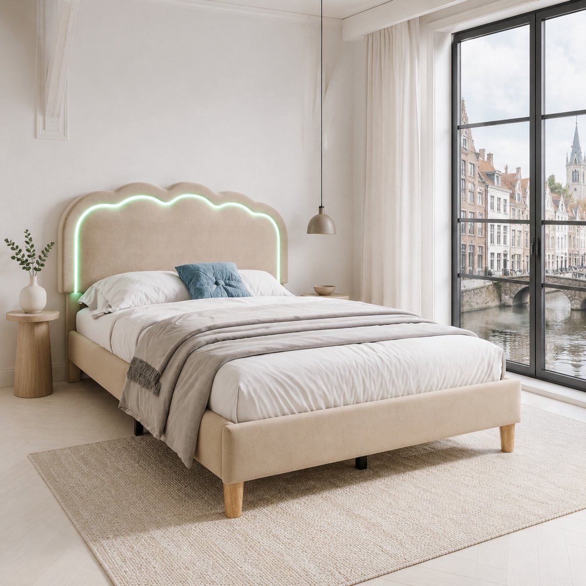 WUVRIE Normaal bed 90x190 cm met LED, verstelbaar hoofdbord en lattenbodem, beige
