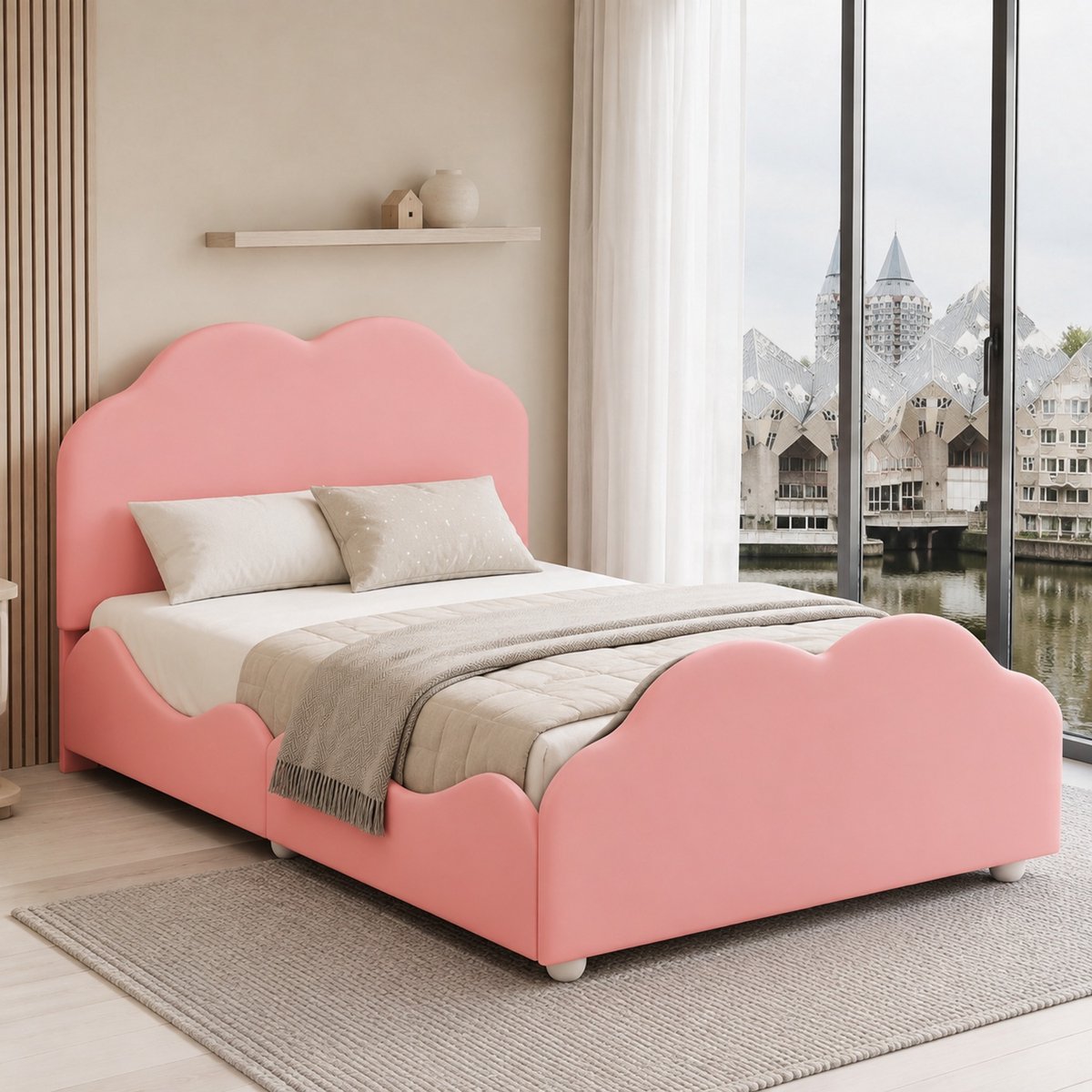 WUVRIE Kinderbed 90 x 200 cm met wolkenvormig hoofd- en voeteneinde, roze