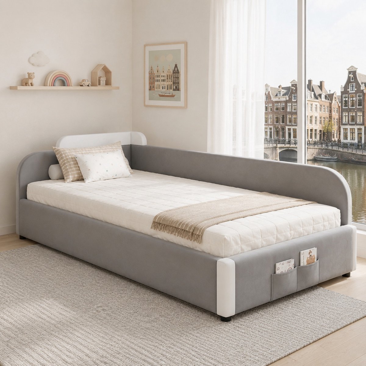 WUVRIE Kinderbed 90x200 cm met hydraulische opbergruimte, opbergtas en uitvalbeveiliging, grijs