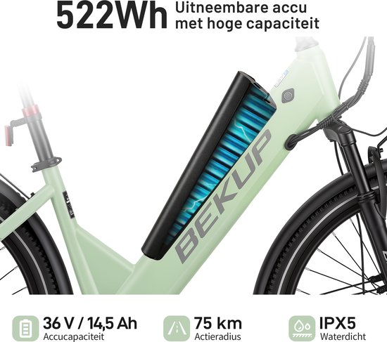 Bekup V1 26 inch elektrische lage instap fiets - Comfortabele stadsfiets - 36V 14,5Ah accu - 250W achterwielmotor - Actieradius tot 75 km - Shimano 7 versnellingen - Verende voorvork - Geveerde zadelpen - Pistachegroen — afbeelding 4