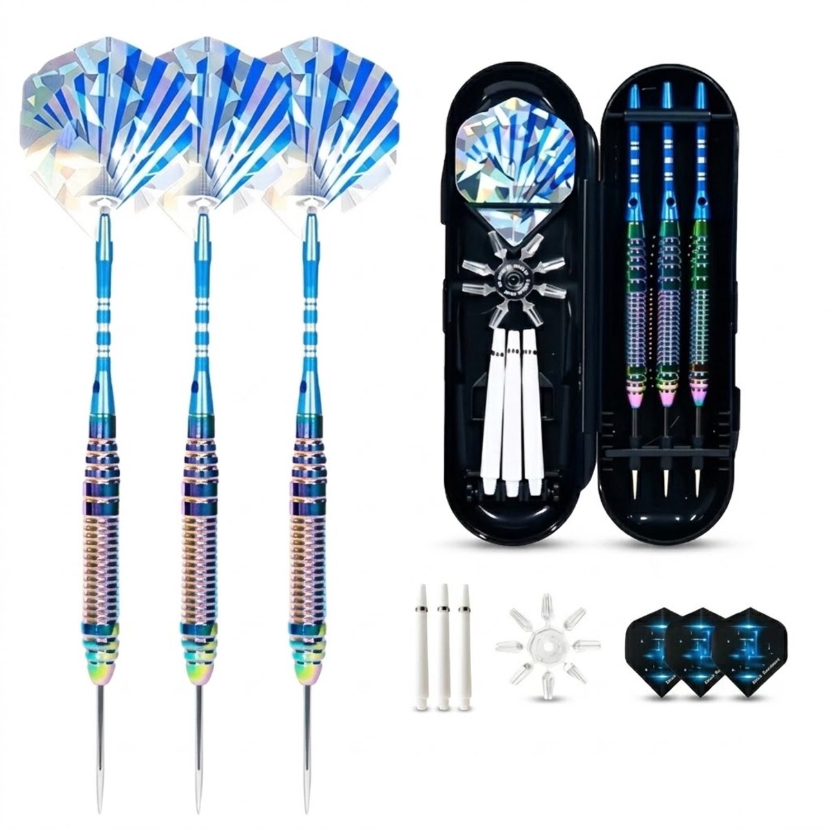 Blauw zilverkleurige dartpijlen 23 gram - 3 stuks steel tip darts met metalen punten - dartpijlen set met geribbelde grip en geometrische flights - inclusief extra shafts, flights, ringen en opbergdoos