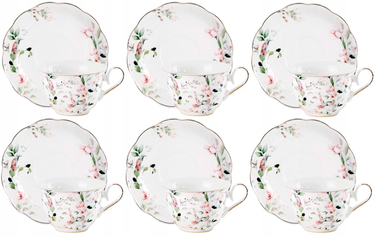 Veroni Carlos Porseleinen Kopjes Set 6+6 270ml met Bloemendessin