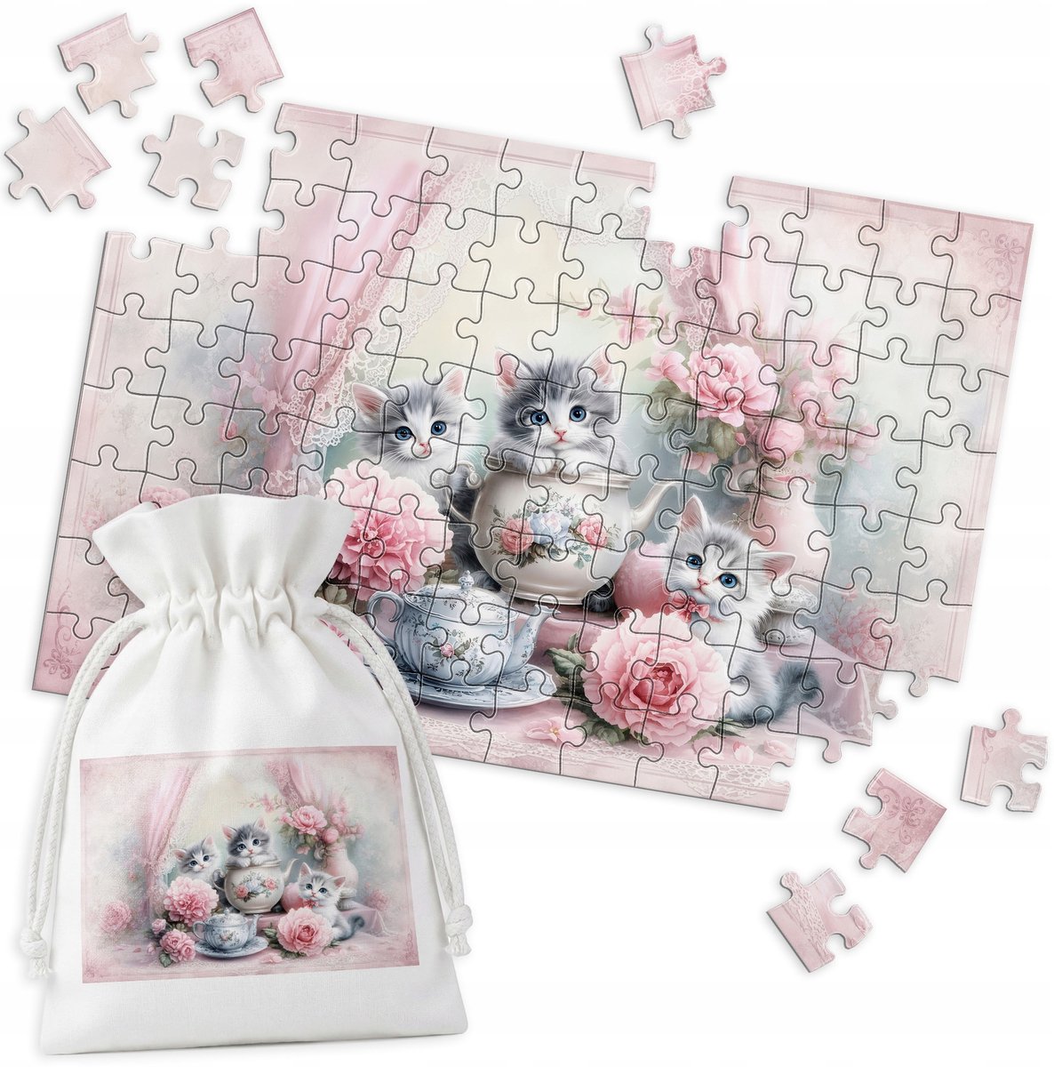 Traditionele Puzzel - Drie Kittens met Rozen, 96 Stukjes
