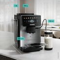 Zilverkleurige Siemens volautomaat met afmetingen 47.2cm x 28.4cm x 37.8cm, 1.8L waterreservoir en 300g bonenreservoir.