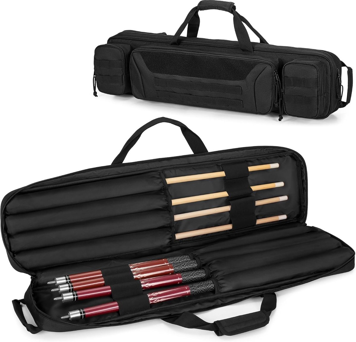 Biljartkeu Tas 4x4 – Gewatteerde Pool Cue Case met Accessoirevakken en Afneembare Schouderriem – voor Biljart, Snooker en Pool