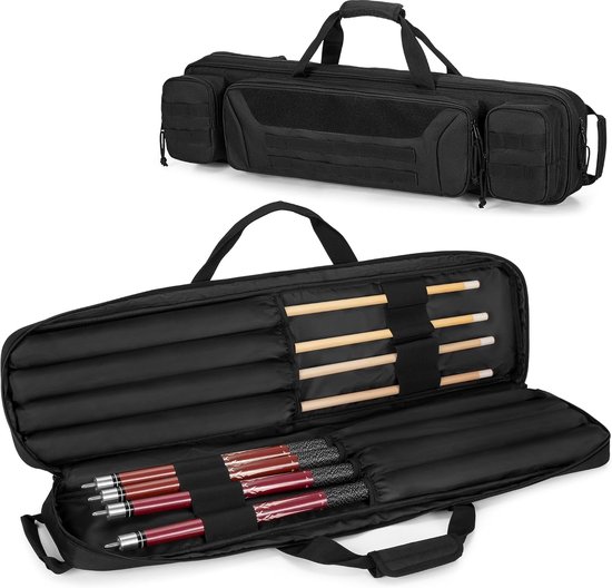 Biljartkeu Tas 4x4 – Gewatteerde Pool Cue Case met Accessoirevakken en Afneembare Schouderriem – voor Biljart, Snooker en Pool