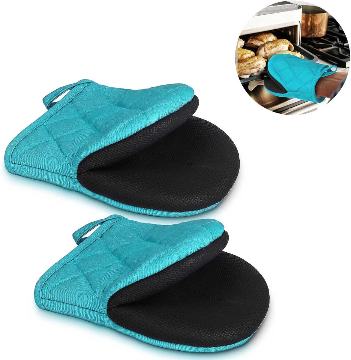 Set van twee - Antislip ovenhandschoenen - Hittebestendig - Korte warmte-isolerende handschoenen - Herbruikbaar - Warmte-isolerende bakhandschoenen - Multifunctioneel - Blauw