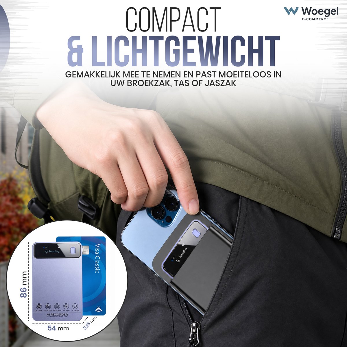 Woegel AI Voice Recorder Digitale Dictafoon 64GB met AI Transcriptie - afbeelding 2
