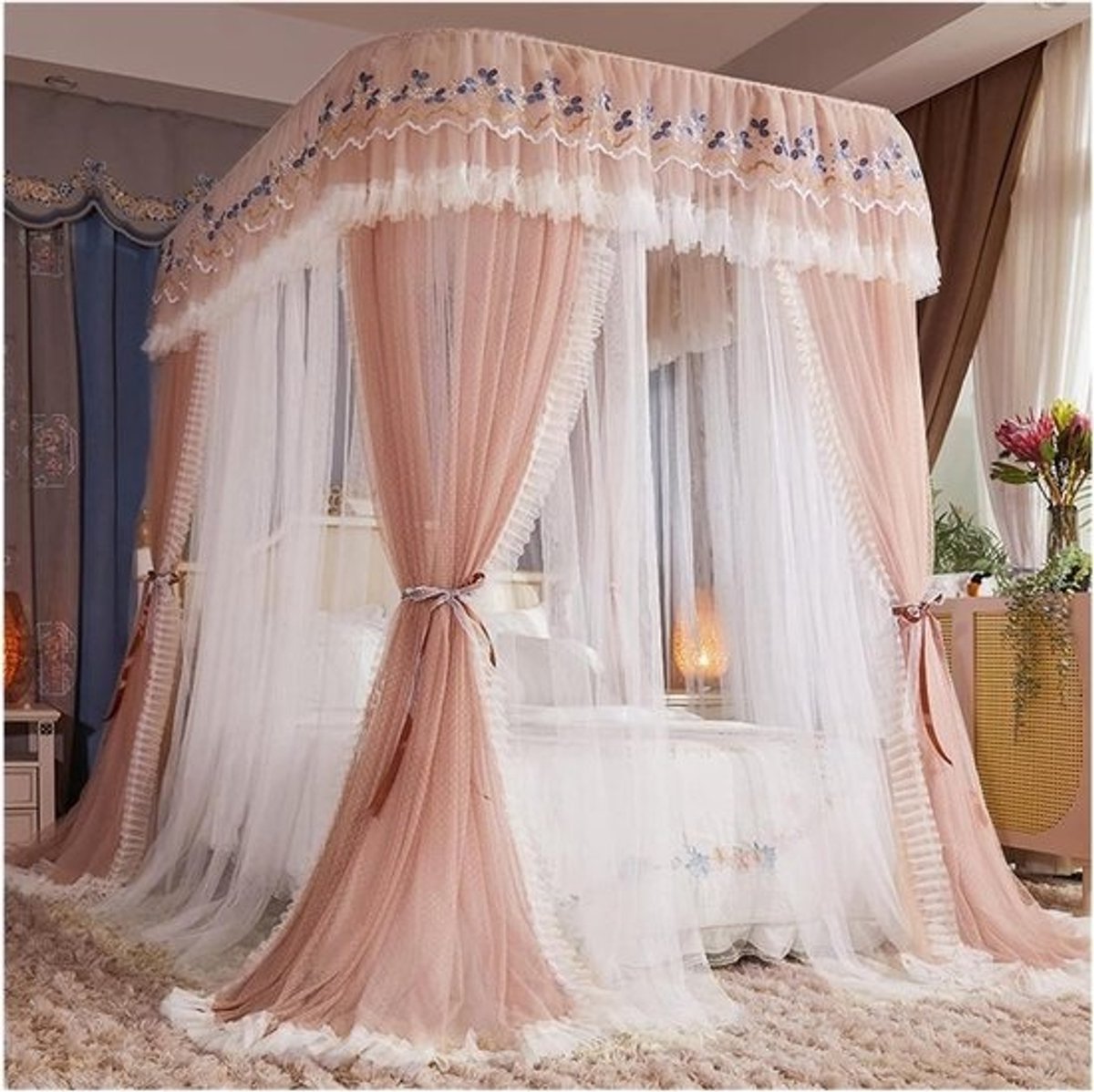 Bed Luifel - Klamboe Gordijn - Slaapkamer Decoratie - Driedeurs Ontwerp - 200 x 220 x 210 cm - Wit