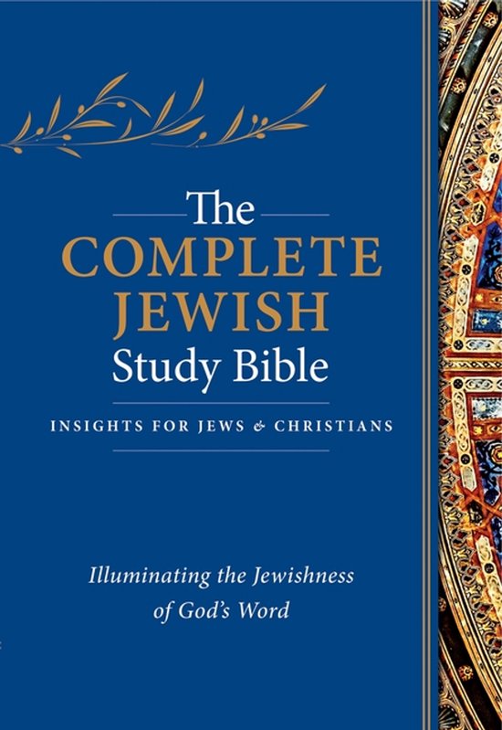 De kaft van 'The Complete Jewish Study Bible' is donkerblauw met gouden letters. Een gouden tak versiert de bovenkant. Rechts een deel van een kleurrijk, mozaïekachtig patroon.