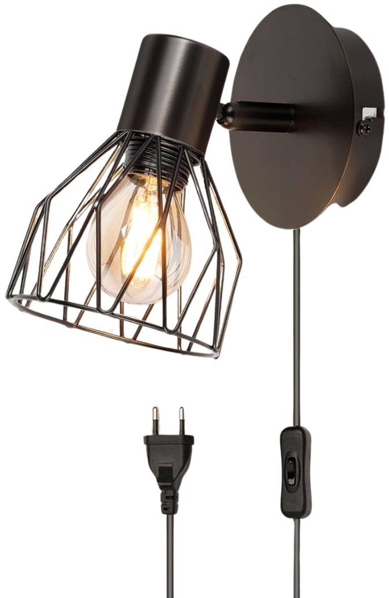 DailySupplies® Wandlamp Binnen met Snoer - Wandlamp met Stekker voor Binnen - met Dimbare Schakelaar - Industrieel en Vintage - Slaapkamer Bedlampje - Zwart