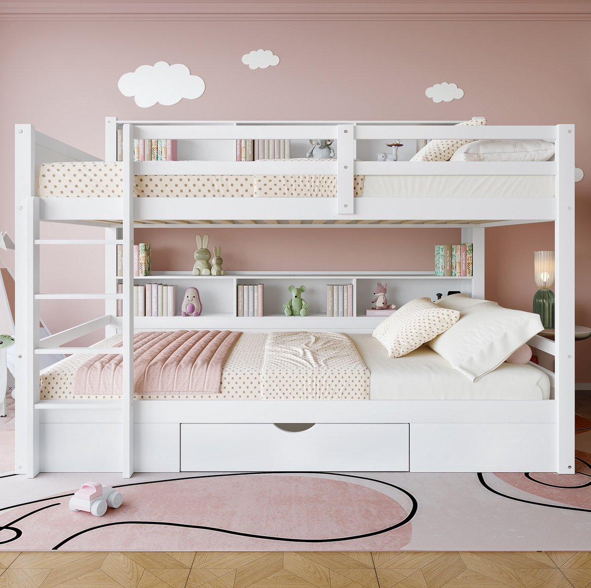 REDOM - Stapelbed - Met lade en opbergvakken - Met veiligheidshekken - Hout en MDF - Minimalistische stijl - Kinderkamer - Wit - 205 x 118,5 x 175 cm
