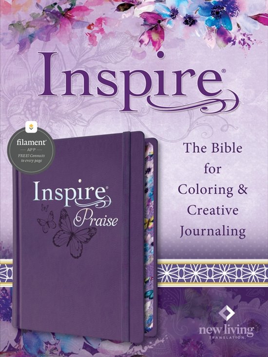Bible Inspire Praise violet, relié, avec des papillons et des fleurs. Texte : Inspire Praise, The Bible for Coloring & Creative Journaling.